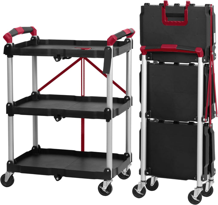 Mahlzeit Faltbarer Servierwagen mit Rollen | 64 x 40,5 x 82 cm, Bis zu 150 kg Belastbar | Rot/Schwar