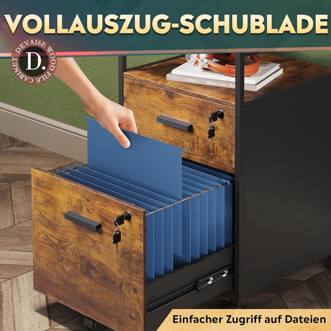DEVAISE Rollcontainer mit 2 Schubladen und offenen Ablagen, Mobiler Aktenschrank mit Rollen, Drucker