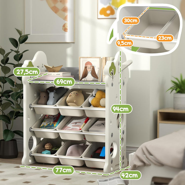 AIYAPLAY Kinderregal 4-Stufiges Spielzeugregal mit 9 Herausnehmbaren Boxen, Ablage, Haken, Kinderzim