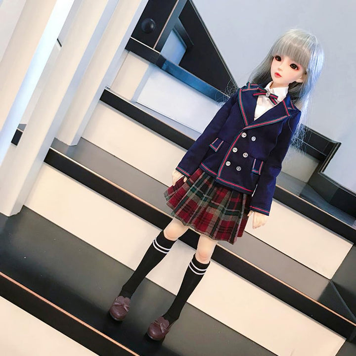 niannyyhouse 1/3 1/4 BJD Puppen Kleidung Mantel Hemd Plaid Faltenrock Socken Europäische Dunkelblau