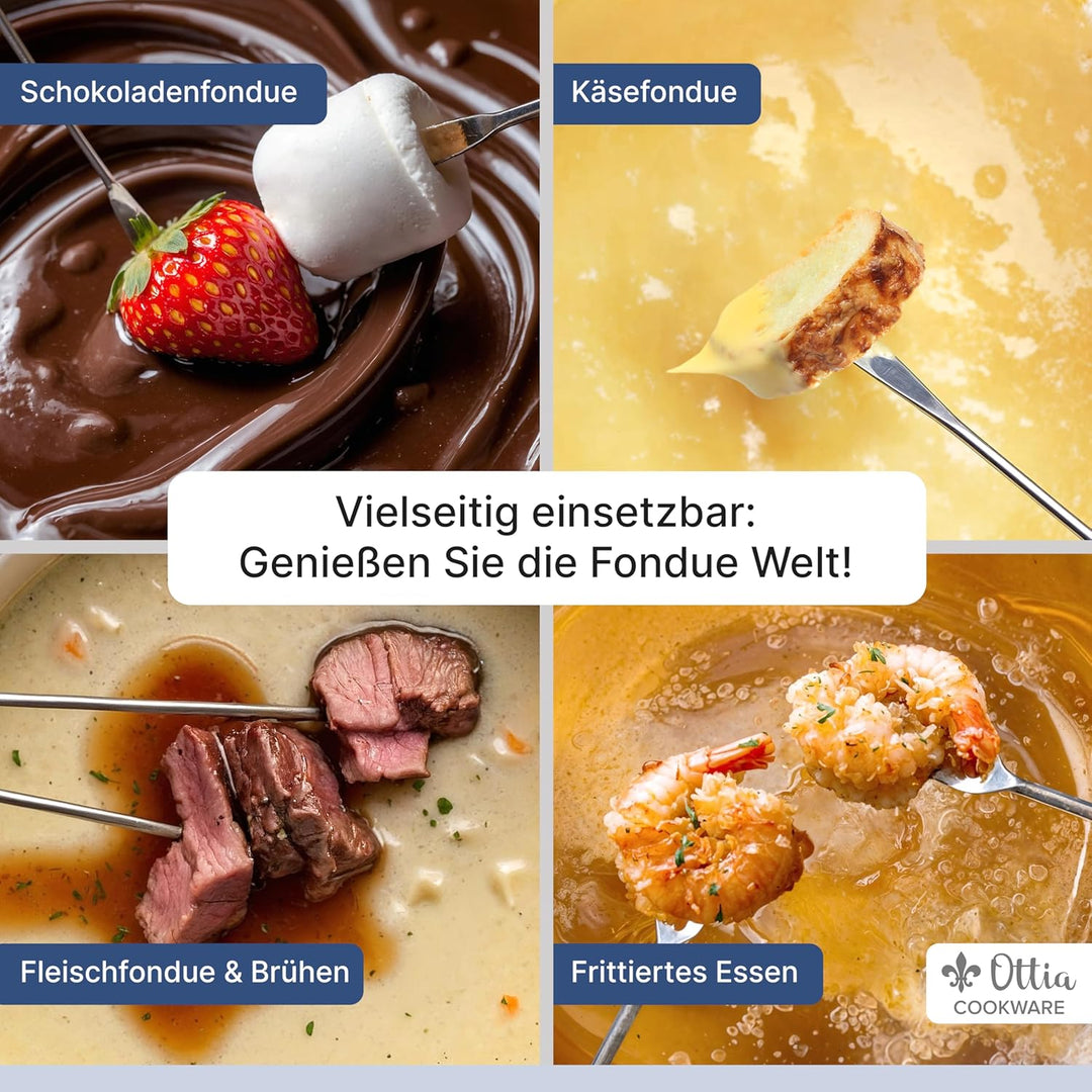 Ottia Gusseisen Fondue Set für 2, 3, 4, 5, 6 Personen, 3-lagige Emaille, Schadstofffrei, 10-teilig m