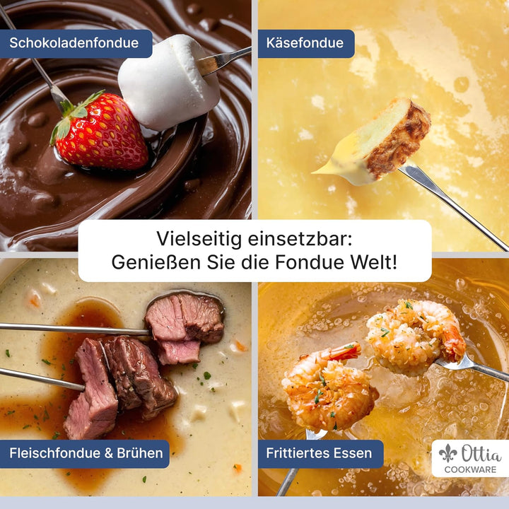 Ottia Gusseisen Fondue Set für 2, 3, 4, 5, 6 Personen, 3-lagige Emaille, Schadstofffrei, 10-teilig m