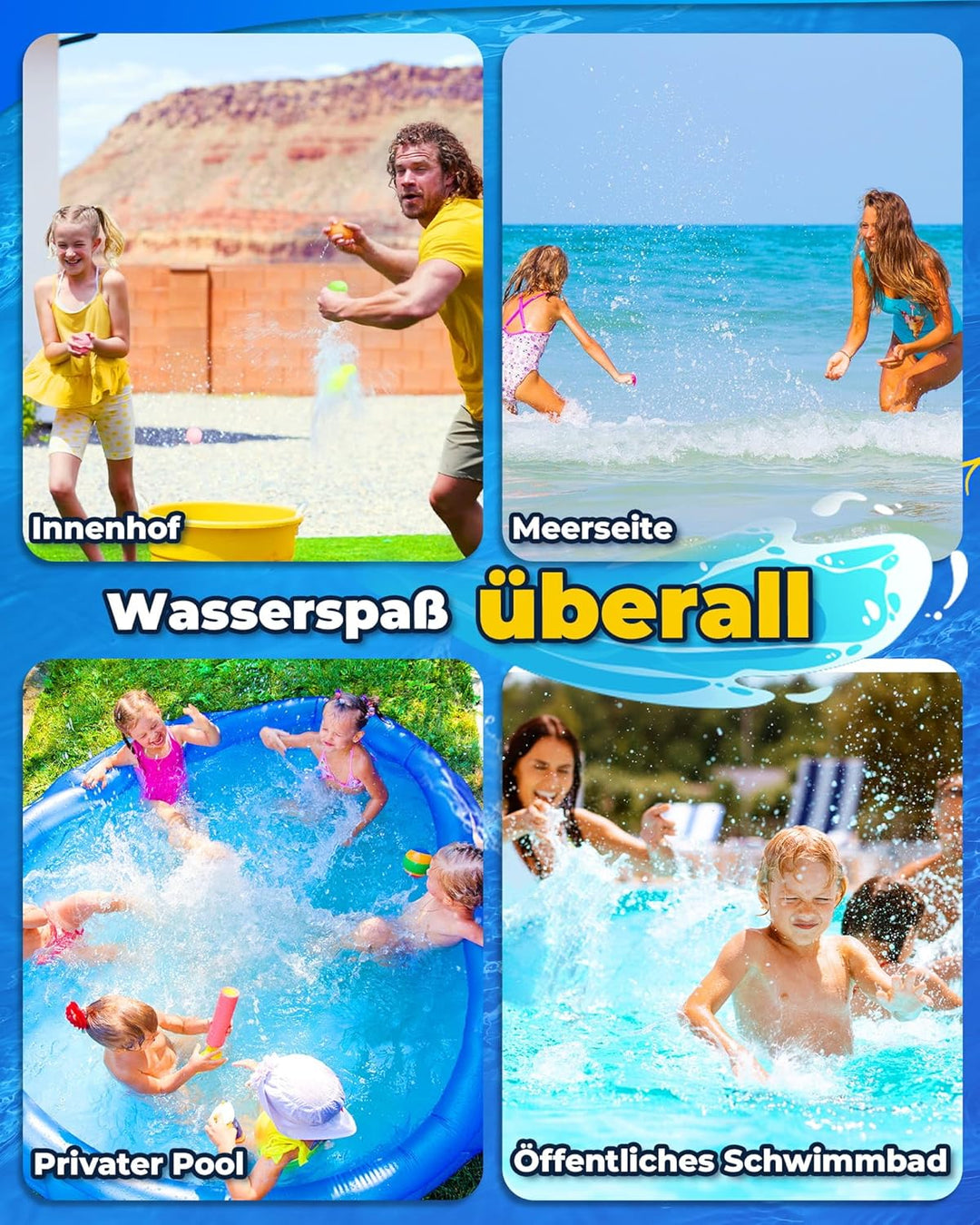 Wasserbomben Wiederverwendbar, 6 Stück Wiederverwendbare Wasserballons Selbstschliessend mit 1 Mesh