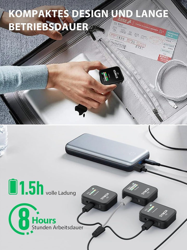 SYNCO Wireless Lavalier-Mikrofon, G2(A2) 2.4G Dual Transmitter 48KHz 24Bit Kabelloses Ansteckmikrofo