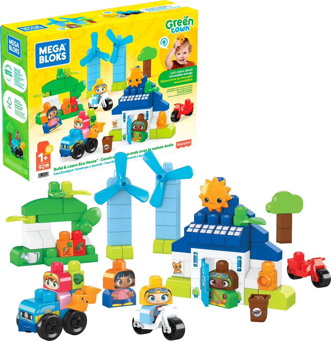 MEGA HCG36 Bloks Grüne Stadt Bauen & Lernen Öko-Haus-Bausatz, 92 grosse Bausteine 2 Figuren, 2 Fahrr