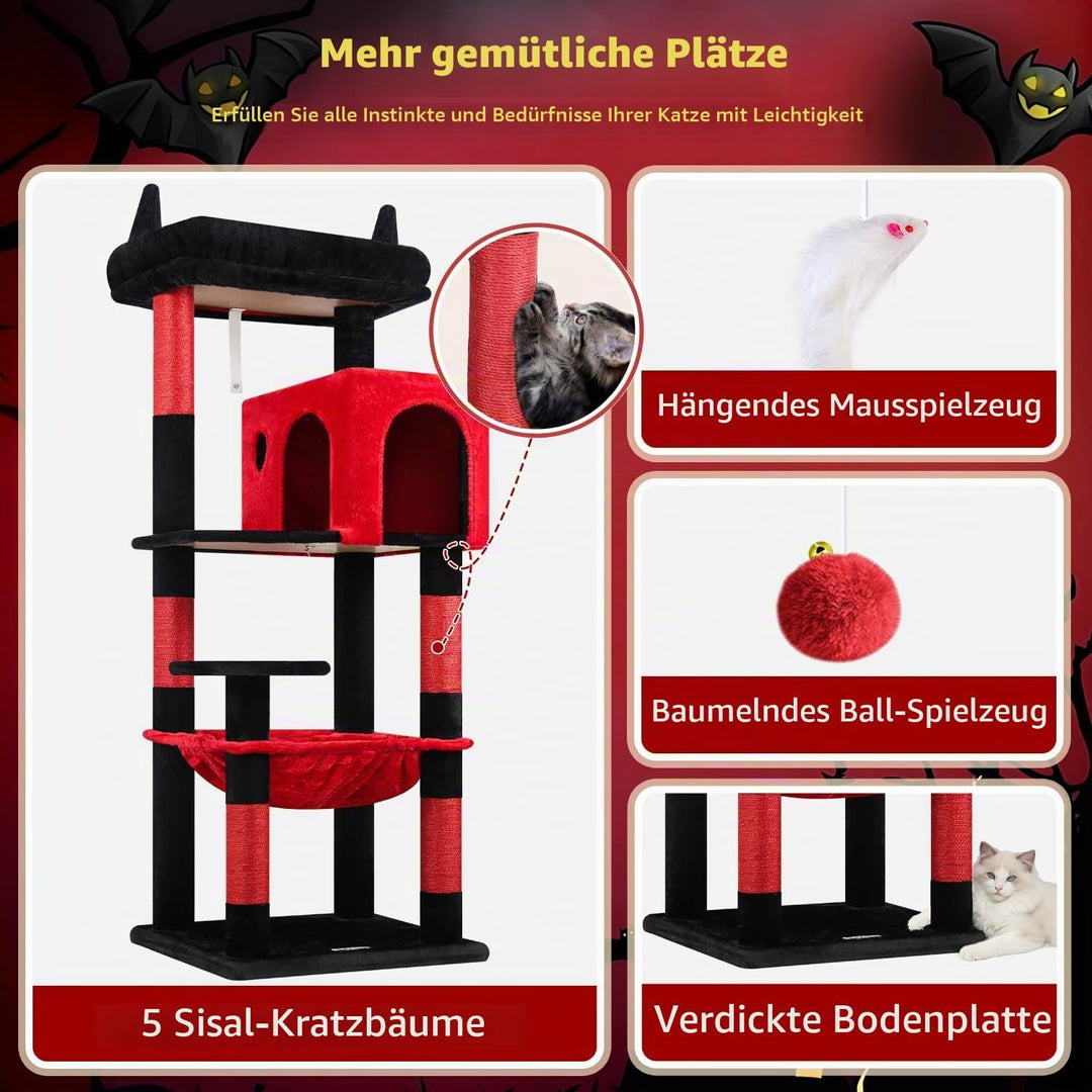 Globlazer Kratzbaum Schwarz Rot mit Extragrosse Hängematte 45*40cm, Grosse Katzenhaus, Gepolsterte P