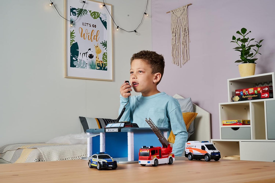 Dickie Toys SOS Rettungsstation mit Polizei, Feuerwehr und Krankenwagen, Station mit Licht & Sound,