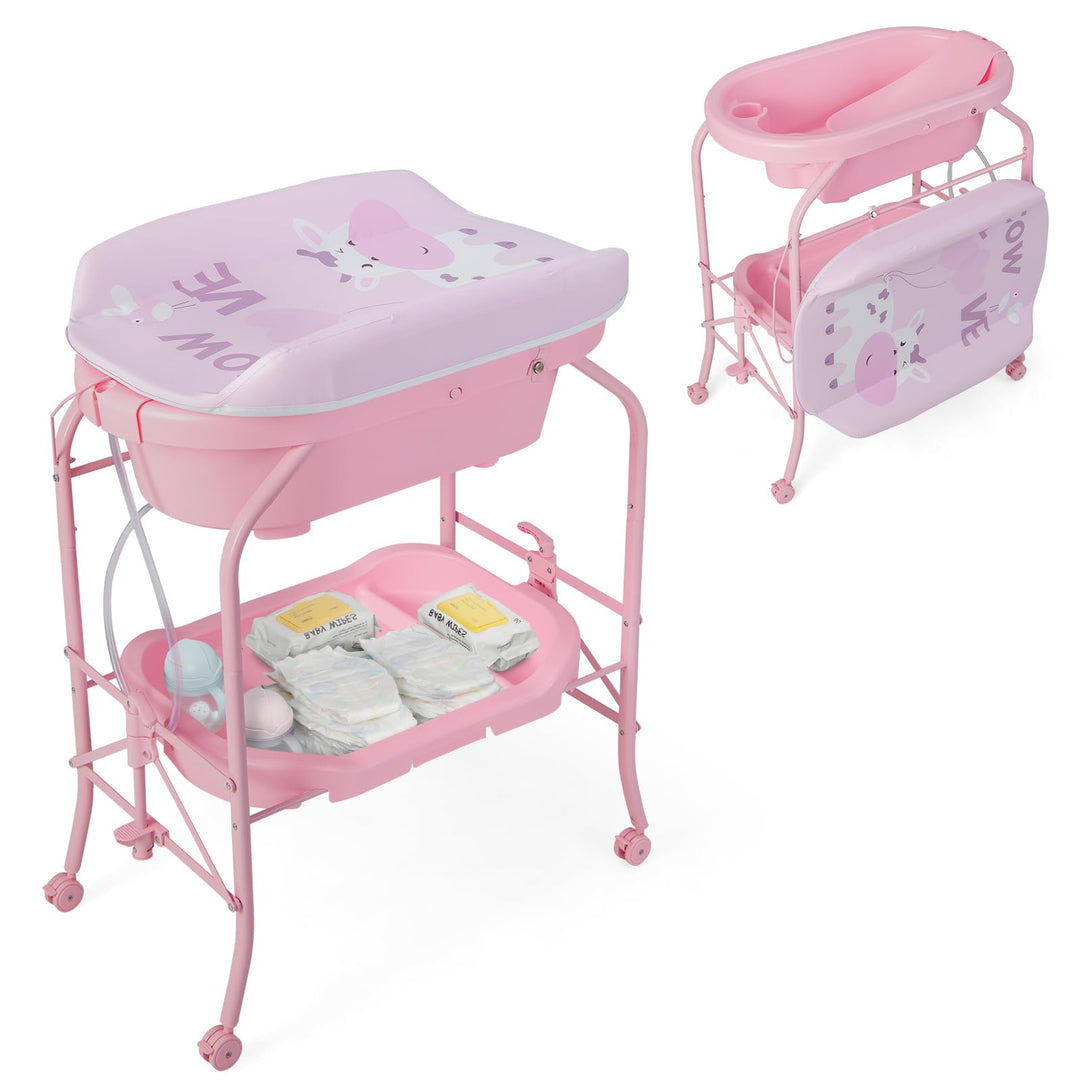 DREAMADE 2 in 1 Wickeltisch & Badewanne mit Gestell, Wickeltisch Klappbar, Wickelkommode auf Rollen