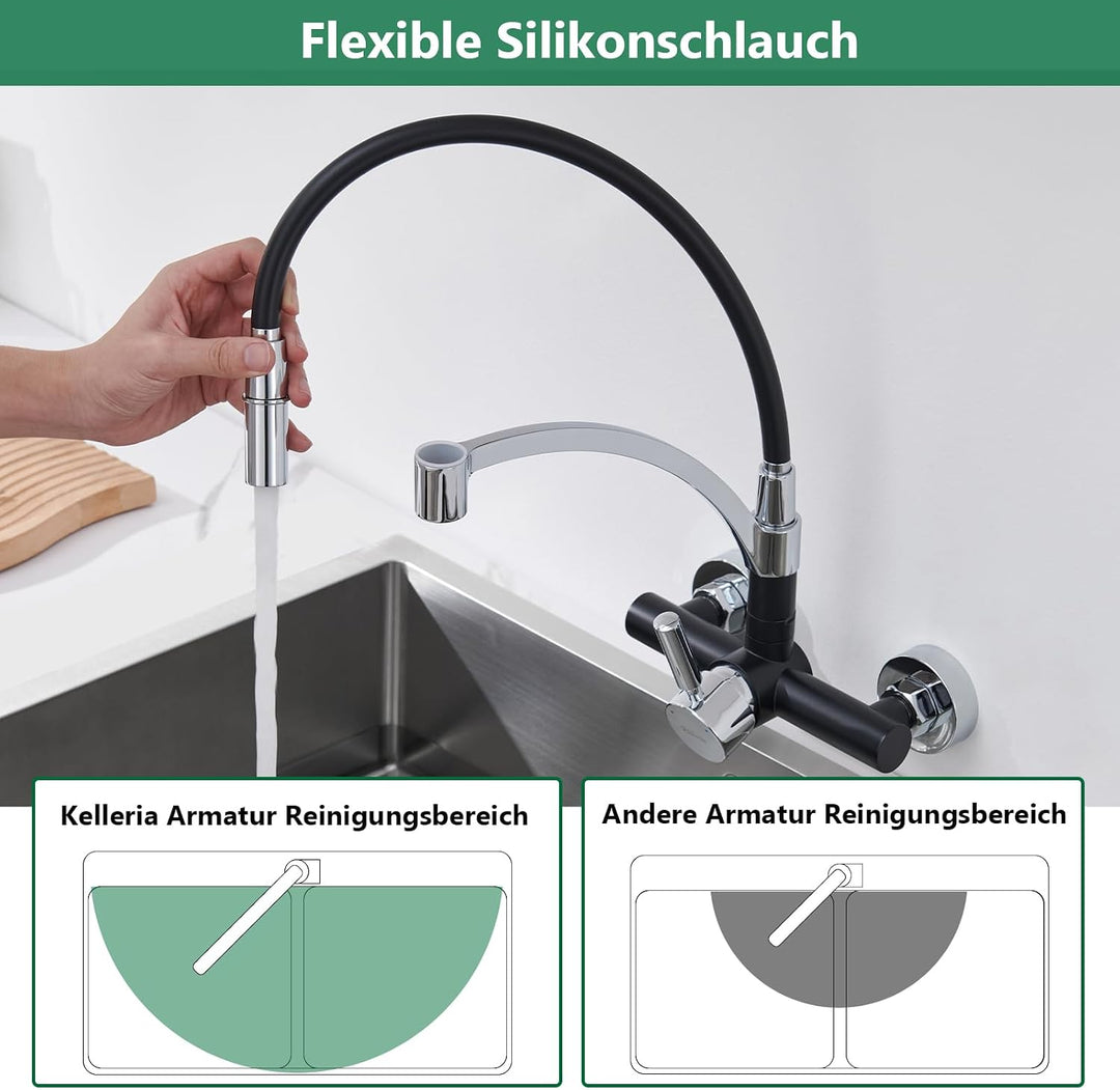 Flexibler Wasserhahn Küche Wandmontage, Edelstahl Wandarmatur 180° Drehbar mit Flexiblem Silikon-Aus