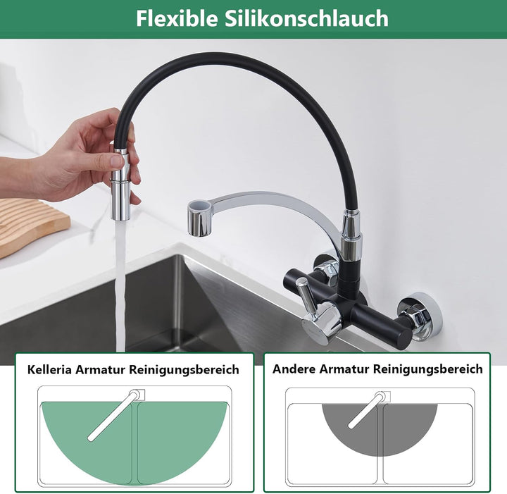Flexibler Wasserhahn Küche Wandmontage, Edelstahl Wandarmatur 180° Drehbar mit Flexiblem Silikon-Aus
