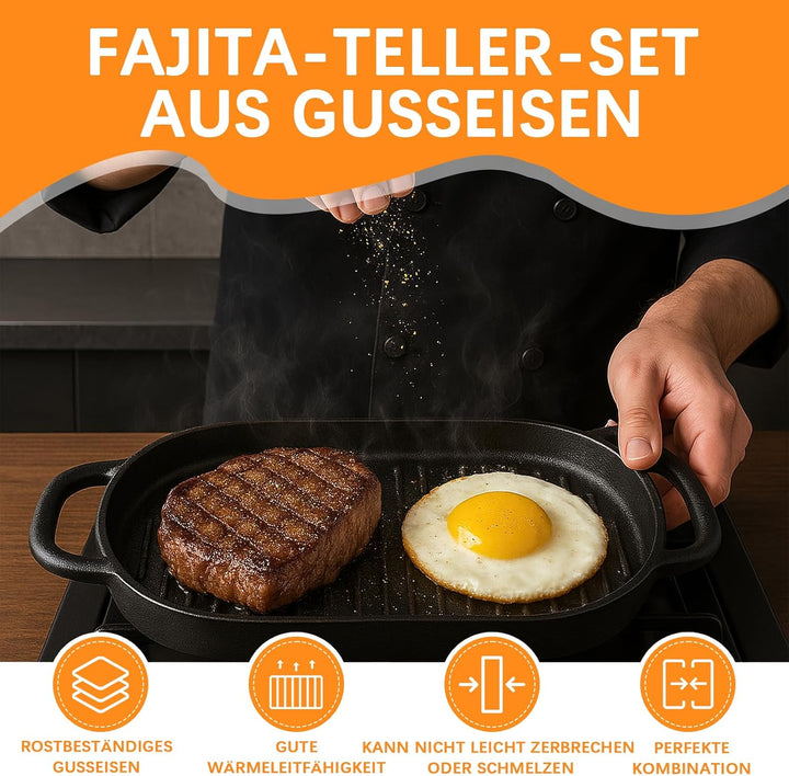 2er-Set Gusseisen Servierpfännchen mit Holzunterlage, 30 x 16 cm Oval Grillpfanne Serviergusseisen,