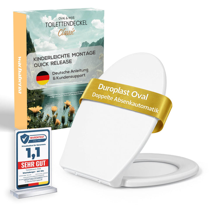 Toilettendeckel weiss mit Absenkautomatik, WC Sitz Oval Duroplast mit Softclose, stabilen Edelstahl-