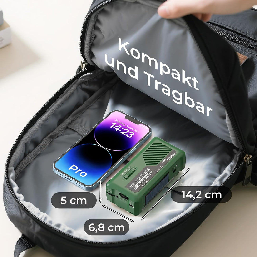PRUNUS J-366 FM/AM/SW Kurbelradio Notfall Weltempfänger, Radio Batteriebetrieben oder 2000mAh Akku,