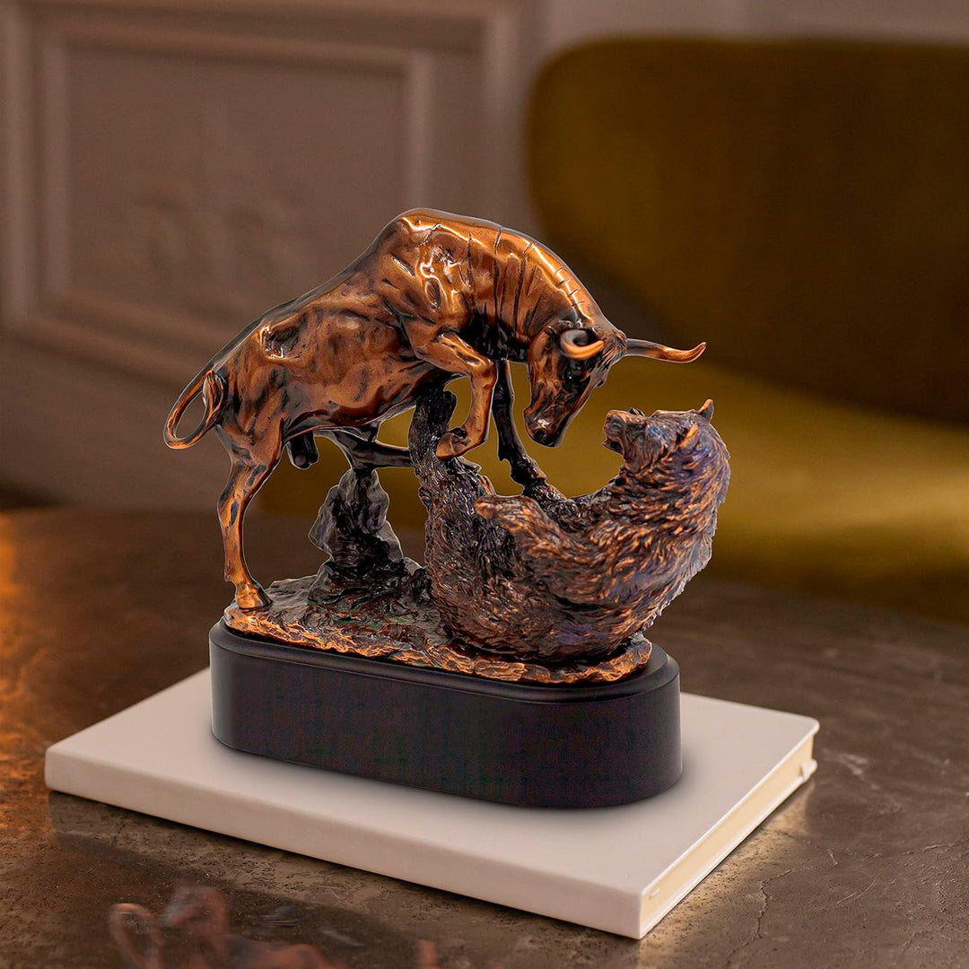 Bronze Electroplated Resin Bull & Bear Sculpture Statue 10" W X 9.5" H by BullMarketGifts, Bronze