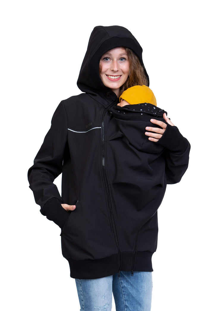 Viva la Mama 3in1 Softshell Tragejacke Baby Umstandsjacke Allwetter I JACKY, S schwarz/Punkte