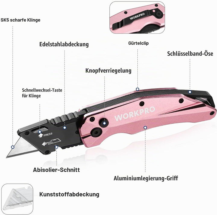 WORKPRO Klappbares Teppichmesser, Schweres Universalmesser aus Vollmetall, Schnellwechselklinge Cutt