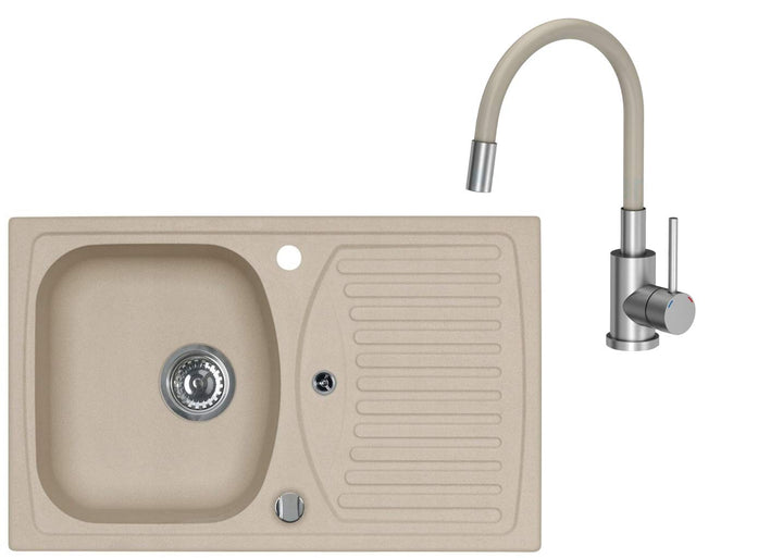 VBChome Spülbecken mit Armatur 78 x 48 cm Beige Granit Einzelbecken Einbauspüle Abtroffläche gespren