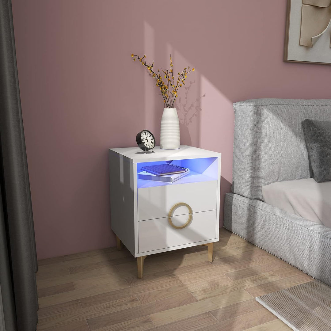 Lvhecforhm 2er Set Nachttisch Weiss, Nachttische Hochglanz Front, Nachttisch mit 2 Schubladen, Nacht