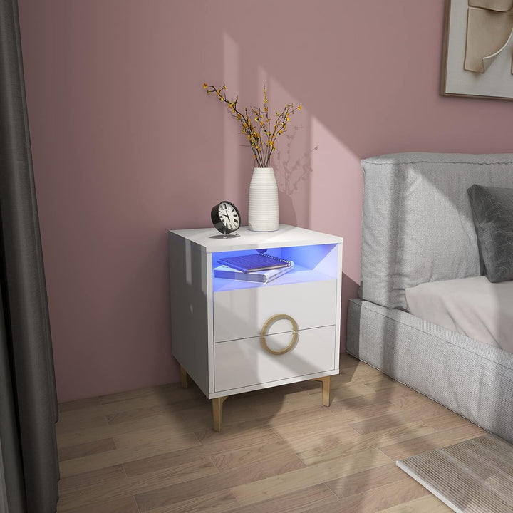 Lvhecforhm 2er Set Nachttisch Weiss, Nachttische Hochglanz Front, Nachttisch mit 2 Schubladen, Nacht