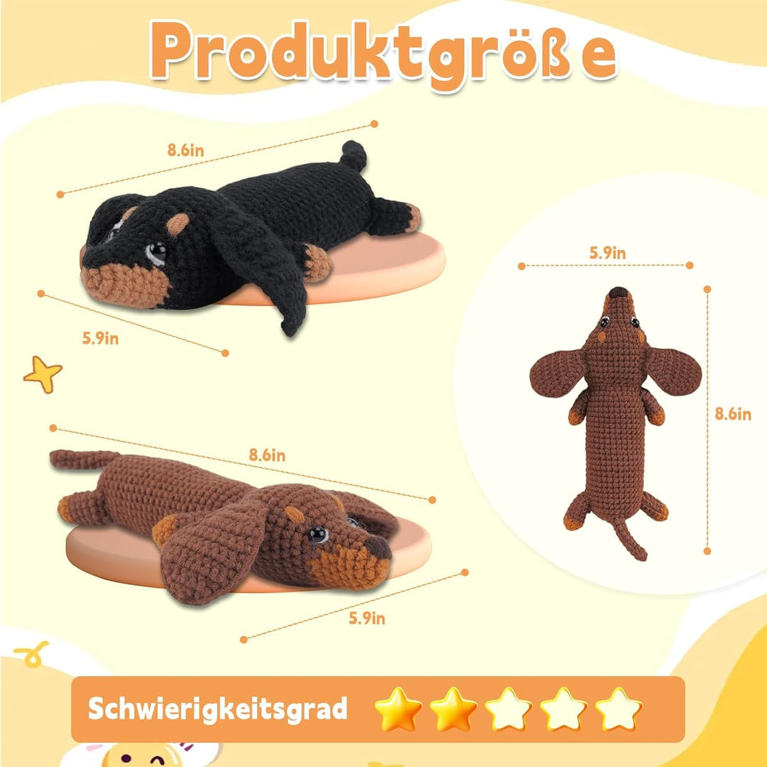 VZU Dackel Häkelset für Anfänger, Komplettes DIY Crochet Tier Kit mit Weichem Garn, Häkelnadel, Anle