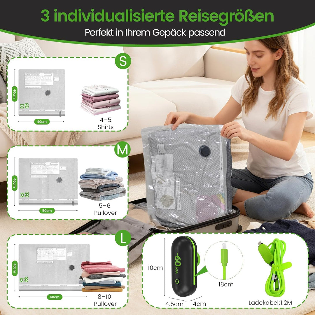 Vakuumbeutel Set 9-tlg mit Elektrischer USB-Pumpe | 3 Grössen (40x40cm, 40x50cm, 40x60cm) Platzspare