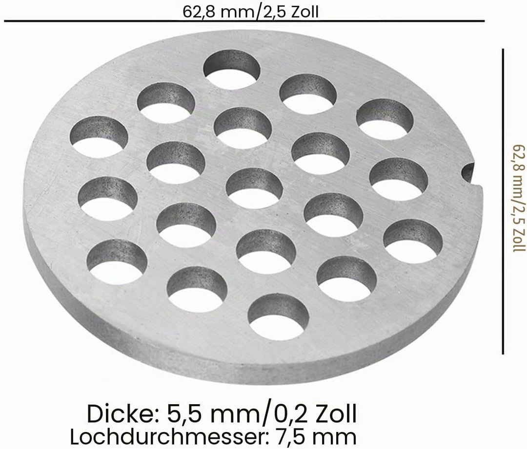 Kohlenstoffstahl Fleischwolfplatte Nr. 8, 61,5 x 61,5 x 5 mm, 8 mm Lochdurchmesser, Silber, Spülmasc