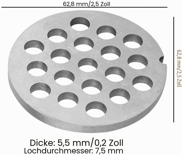 Kohlenstoffstahl Fleischwolfplatte Nr. 8, 61,5 x 61,5 x 5 mm, 8 mm Lochdurchmesser, Silber, Spülmasc