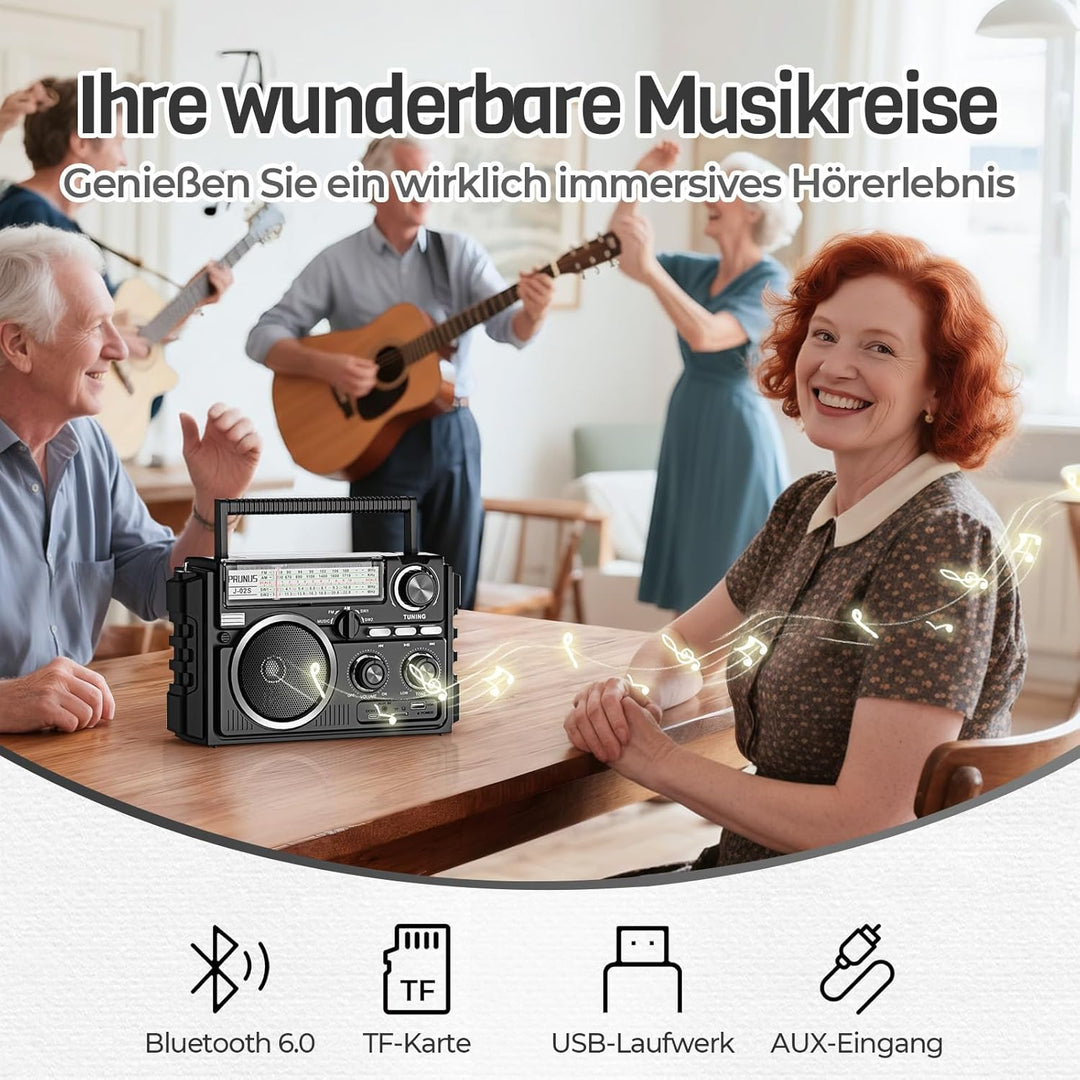 PRUNUS J-02 AM/FM/SW Weltempfänger Radio Klein, Solar Radio mit Akku 1800mAh oder D-Zellen Batterien
