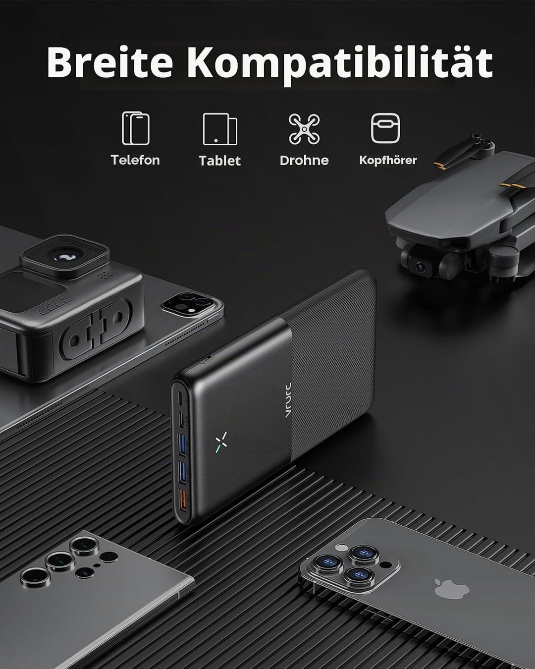 Powerbank 30000 mAh, VRURC 22,5 W Schnellladung tragbares Ladegerät, USB C kompakt Powerbank, PD3.0
