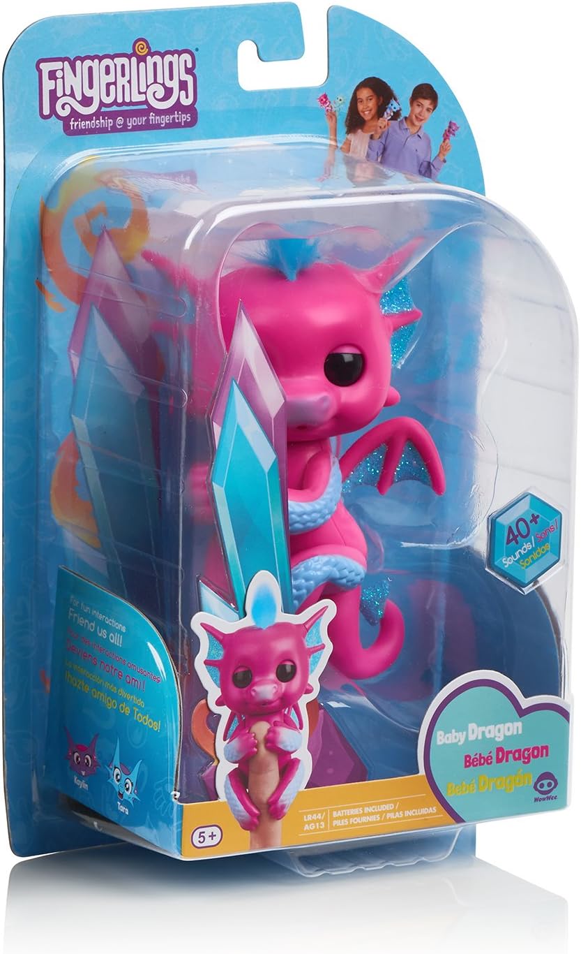 WowWee Fingerlings Drache pink mit blauem Glitzer Sandy - 3583 / interaktives Spielzeug, reagiert au