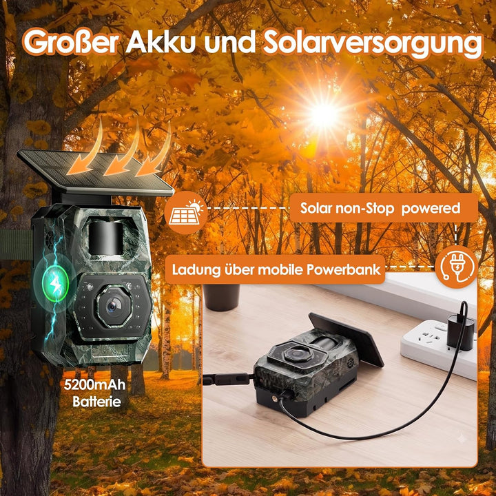 WLAN Wildkamera mit Handyübertragung App - Wildtierkamera mit Nachtsicht Bewegungsmelder Solar Wildk