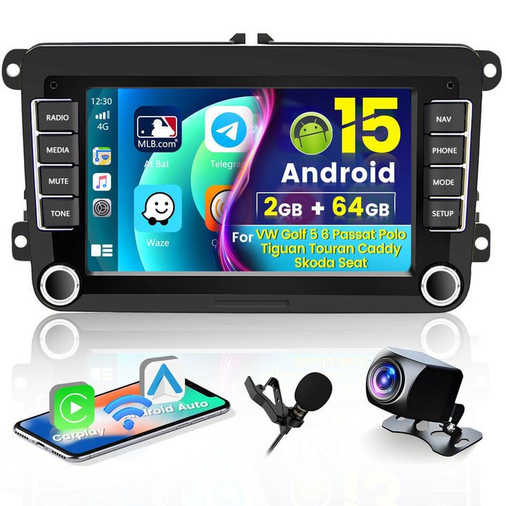 Hikity 2+64GB Android 15 Autoradio für VW Golf 5 Tiguan Touran Passat Polo Skoda Caddy Seat Radio Wi