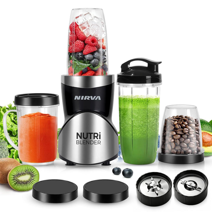 Nirva 4 in 1 Mini Mixer, Smoothie Maker mit 4 Tragbare, Mixbechern Zweiblatt und Vierblatt Edelstahl