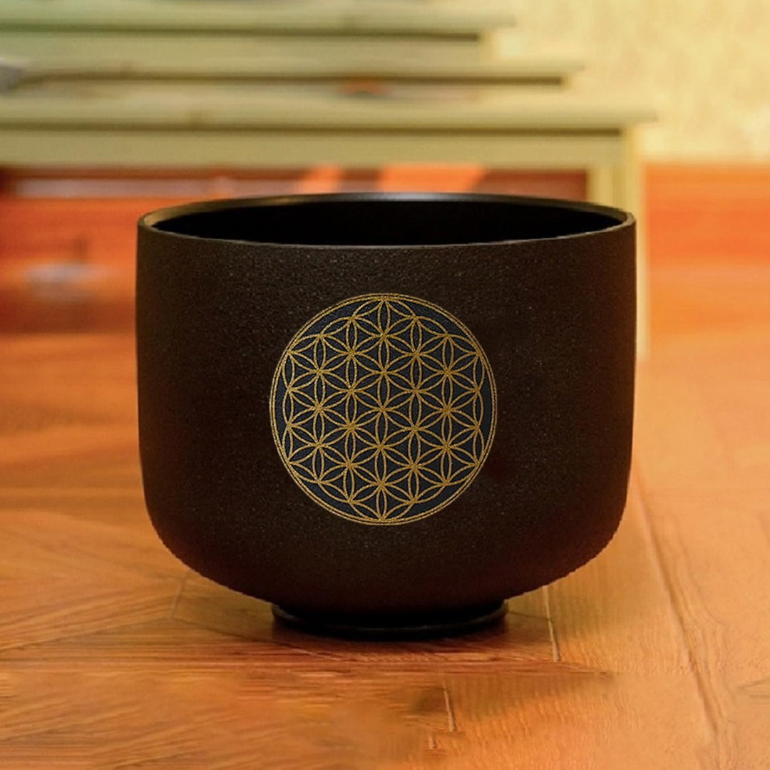 Hye-eun Kristall-Klangschale, 528 Hz C Note Schwarz Quarz Klangschalen mit Blume des Lebens (Life Fl