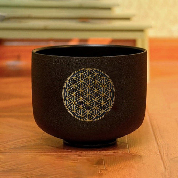 Hye-eun Kristall-Klangschale, 528 Hz C Note Schwarz Quarz Klangschalen mit Blume des Lebens (Life Fl