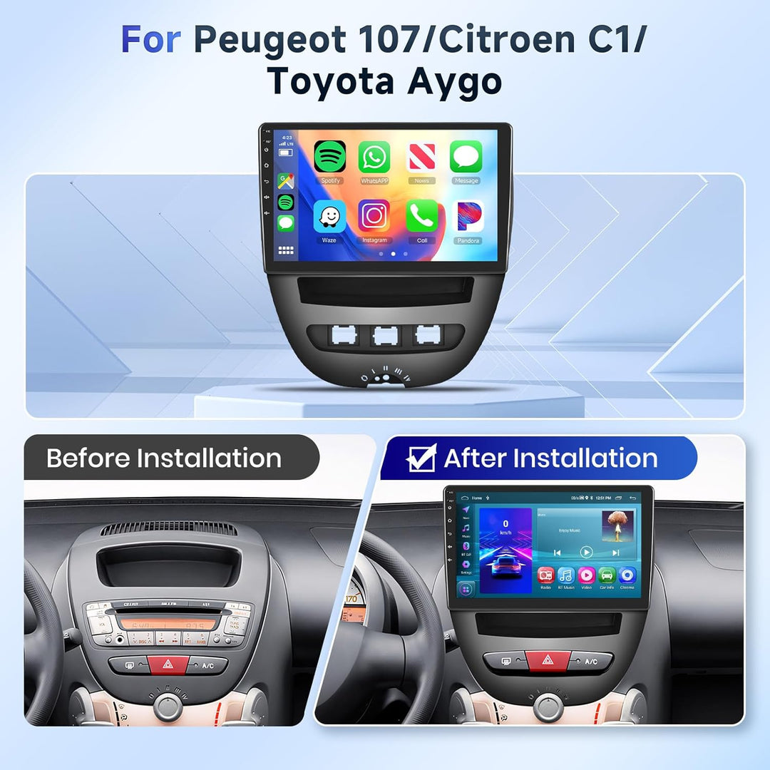 Podofo Carplay Autoradio für Peugeot 107/Citroen C1/Toyota Aygo, 10.1“ Touchscreen Autoradio 2G+64G