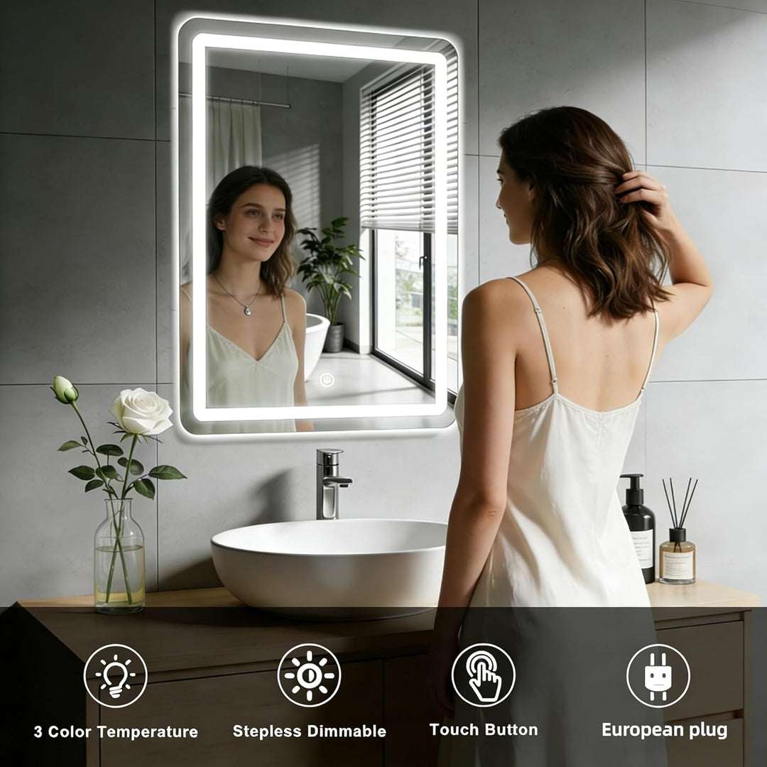 Badezimmer Wandspiegel, Badspiegel Mit Beleuchtung, Spiegel mit LED Licht, Touch Schalter und 3 Farb