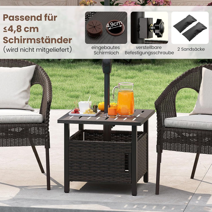 COSTWAY Beistelltisch Outdoor wetterfest, Rattan Gartentisch mit Schirmloch und 2 Sandsäcken, Kleine