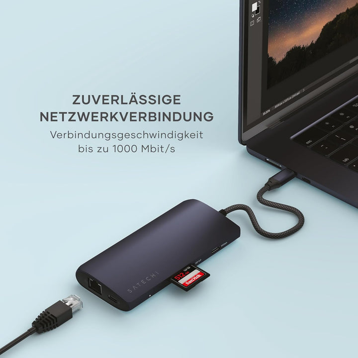 SATECHI 8-in-1 USB-C Hub Multiport Adapter V3, 8K@60Hz HDMI, 100W Ladeleistung, 4X USB-Datenanschlüs