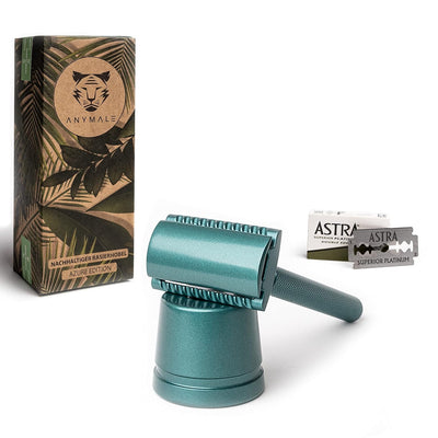 ANYMALE® Plastikfreier Rasierhobel Azure Edition - Set mit Ständer und 5 ASTRA Klingen - Nassrasiere