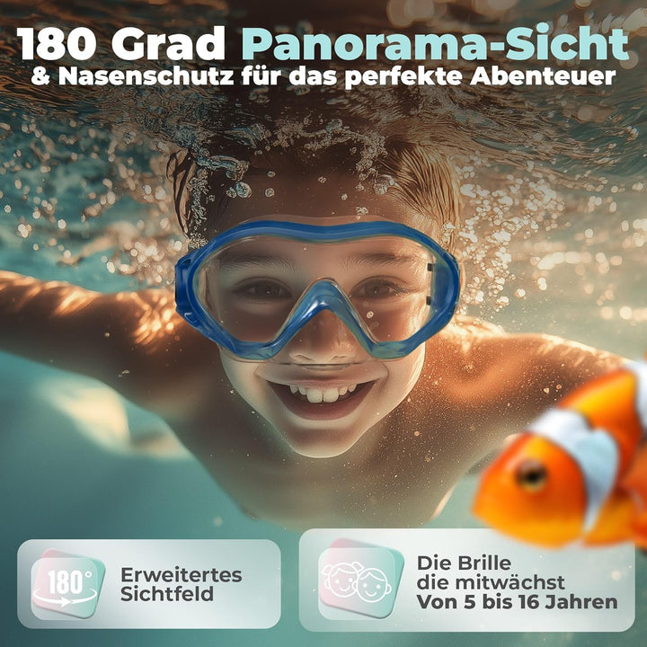 KIDVERSE Taucherbrille Kinder mit Nase - Panorama Tauchmaske Kinder - Geprüfte Schwimmbrille Kinder