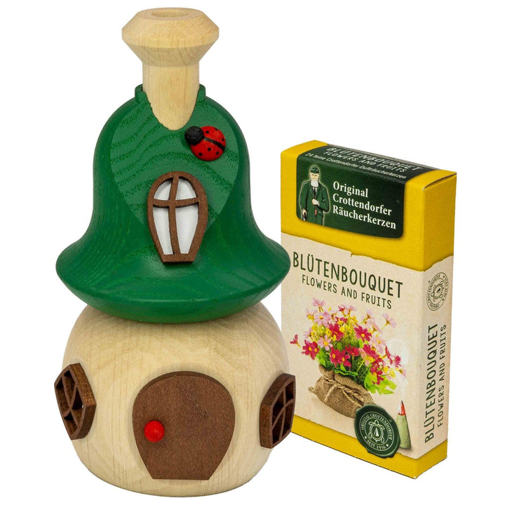 Seiffener Volkskunst | Räucherhaus aus Holz 13 cm | Frühling Sommer Herbst | Waldhütte mit Marienkäf
