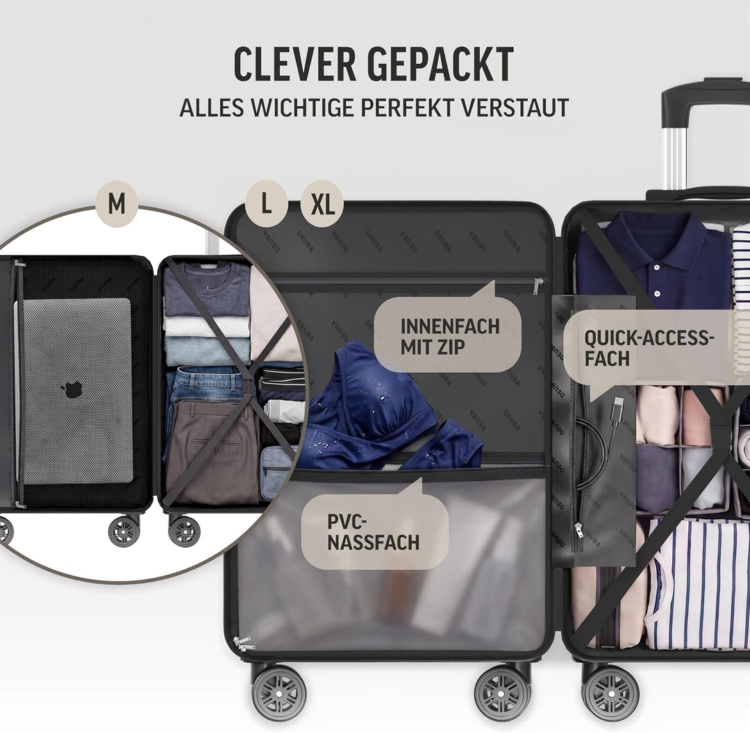 DEUBA® TRAVEL Koffer Set 3tlg 55x40x20 Sicherer Stauraum Kreuzgurt PVC Fach Reisekoffer Gross Trolle
