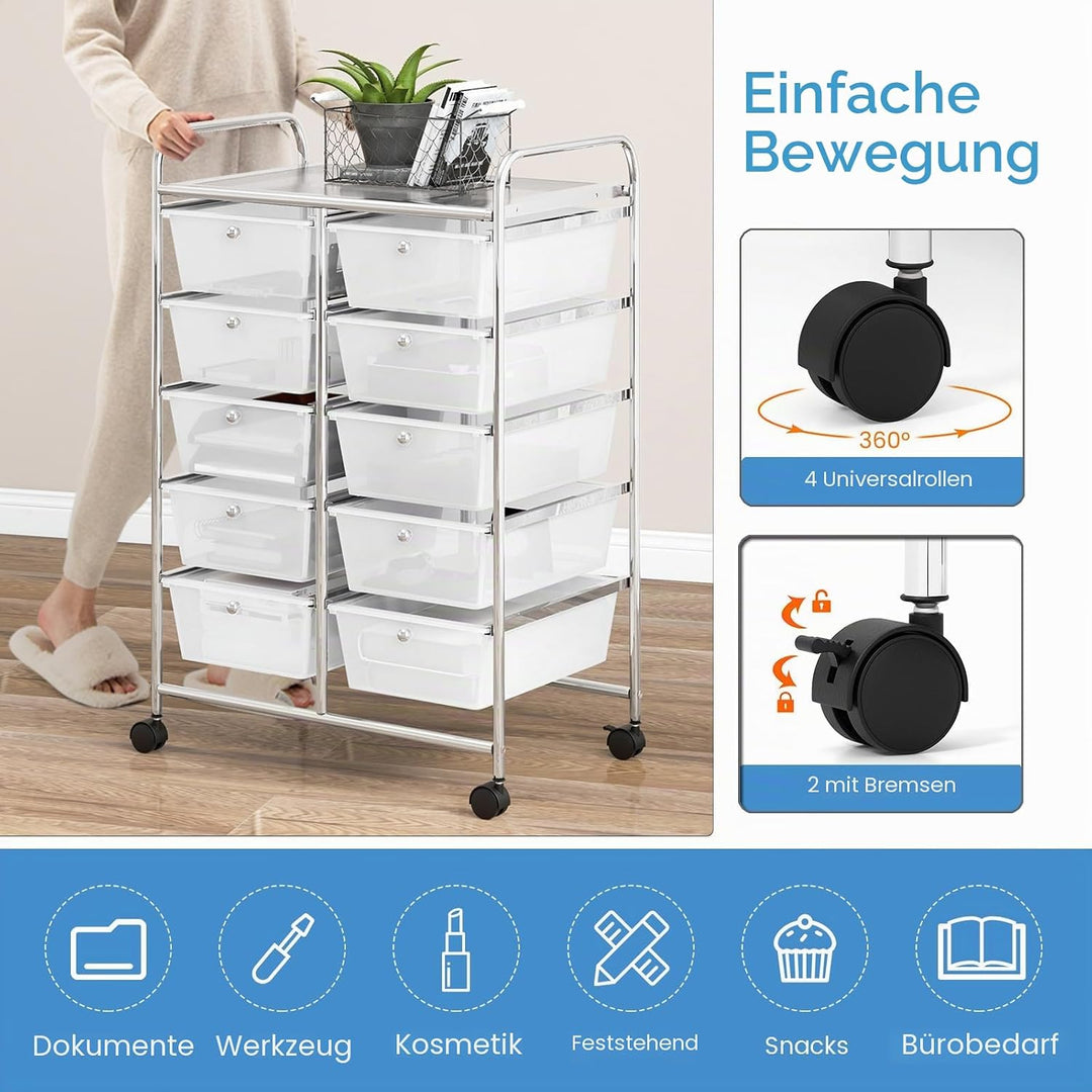 KOMFOTTEU Rollwagen mit 10/15 Schubladen stapelbar, Badrollwagen Rollcontainer mit Metallrahmen, All