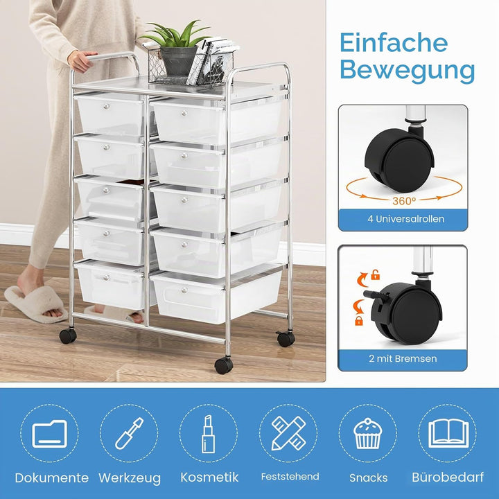 KOMFOTTEU Rollwagen mit 10/15 Schubladen stapelbar, Badrollwagen Rollcontainer mit Metallrahmen, All