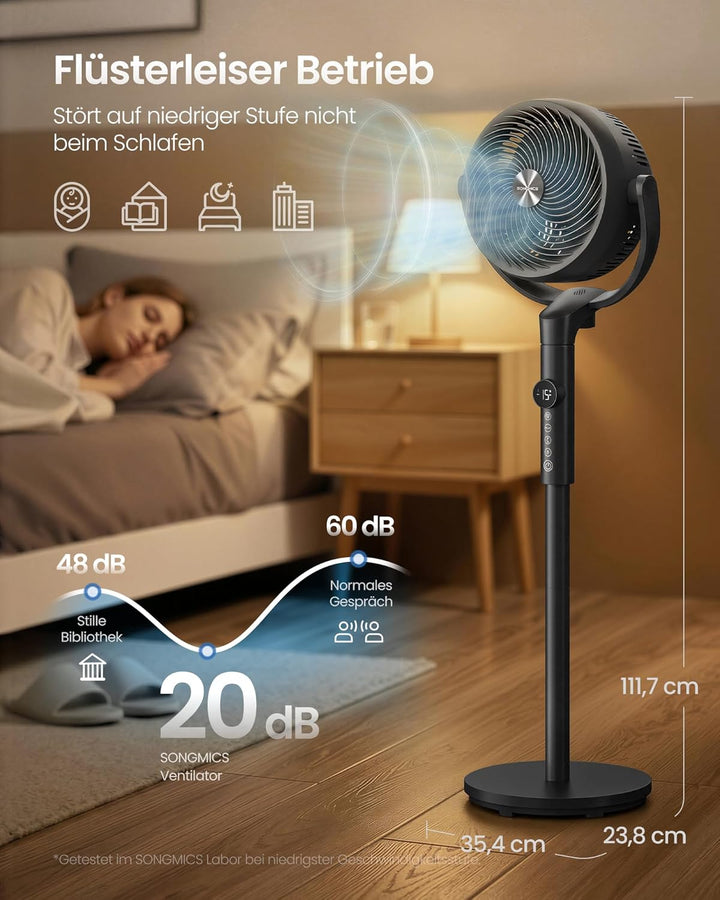SONGMICS Standventilator, Ventilator leise 20 dB mit Fernbedienung, Luftzirkulator 120° und 135° Osz