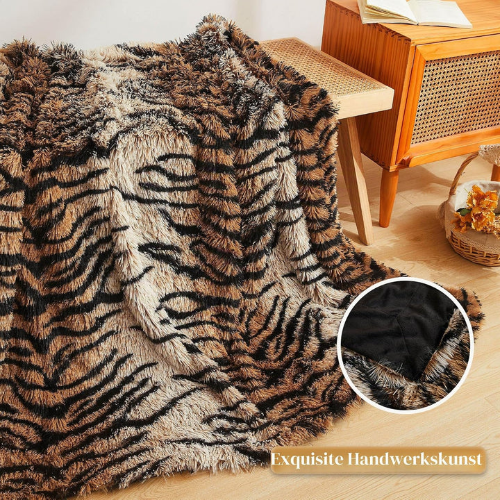 XeGe Luxus Kunstfell-Tigermuster-Decke, Weiche 127x152 cm Tigermuster Flauschige Decke, Schilfartige