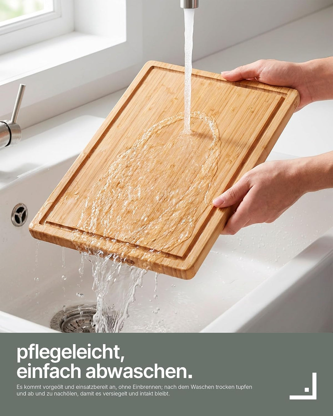 LARHN Bambus Schneidebrett Holz mit Griff & Saftrille - 44,5x30x2 cm | Massiv, vertikal verleimt, pl