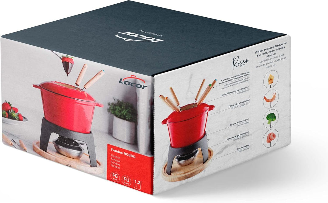 Lacor - 71711 - Fondue-Set aus emailliertem Eisen, Eisenständer mit Holzsockel, induktionsgeeignet,