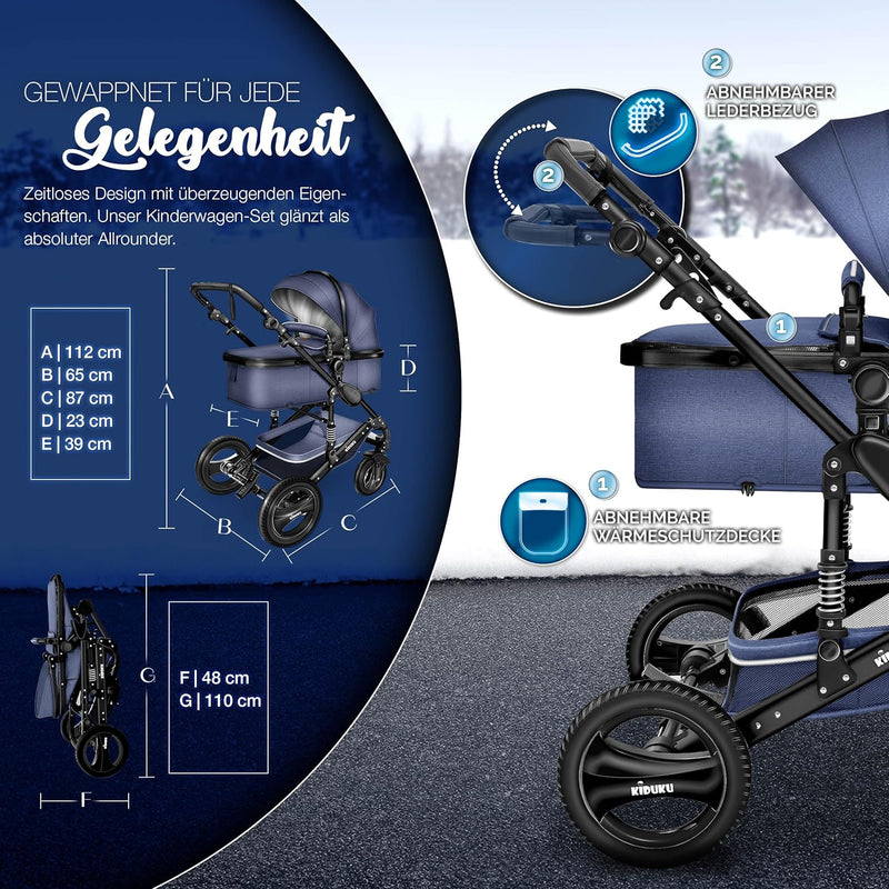 KIDUKU® 3 in 1 Kinderwagen XXL Komplettset | Kombikinderwagen Set inkl. Babywanne Buggy Sportsitz &